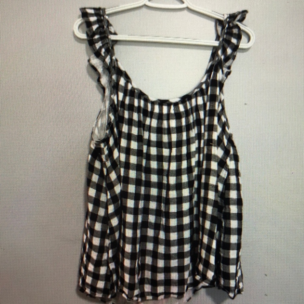 Terra & Sky Black and White Gingham Ruffle Strap Tank